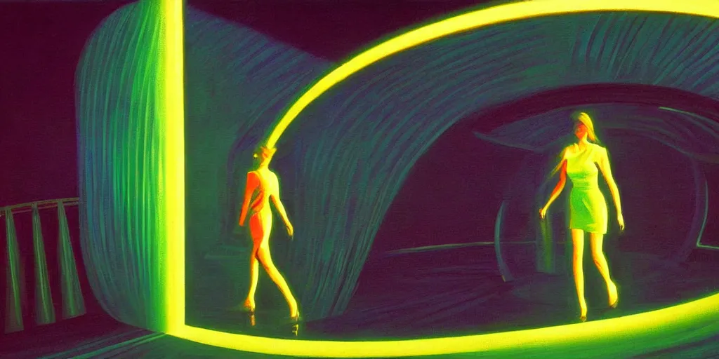 Image similar to a beautiful painting of a person walking out of a stargate by syd mead 8 k particulate neon light film grain