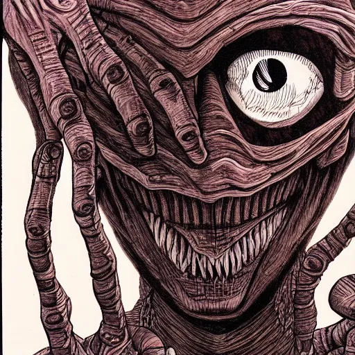 Image similar to a dark brown humanoid, hyper detailed, in the style of junji ito and and junji ito and junji ito, selfie