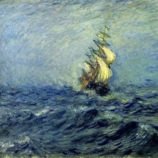 Image similar to large ship being tossed about in a fierce storm in the sea, dark, low light, terrifying, beautiful, monet painting