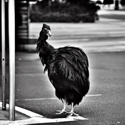 Prompt: dramatic photo of an emo chicken sitting at a bus stop, heartbreaking, emotional, black and white, focal point, closeup, inspirational.