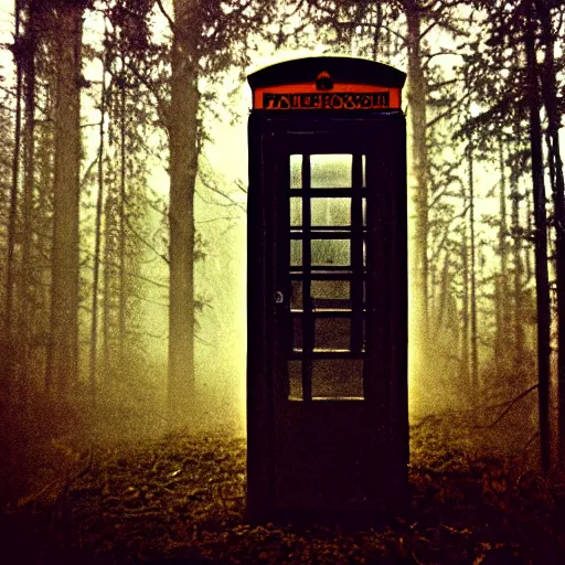 Image similar to a phone booth in the middle of a forest at night, dark, foggy, eerie, creepy, unsettling, lost footage, old polaroid, expired film,