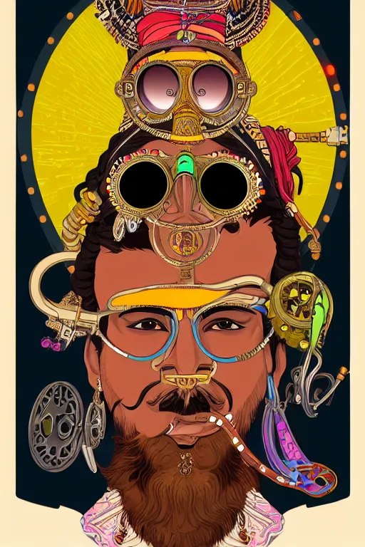 Prompt: face portrait of a rajasthani man with long neon moustache and beard and rajasthani pagdi wearing steampunk goggles and jewelry having lots of tattoos and earrings, art by butcher billy and mucha, sticker, colorful, illustration, highly detailed, simple, smooth and clean vector curves, no jagged lines, vector art, smooth