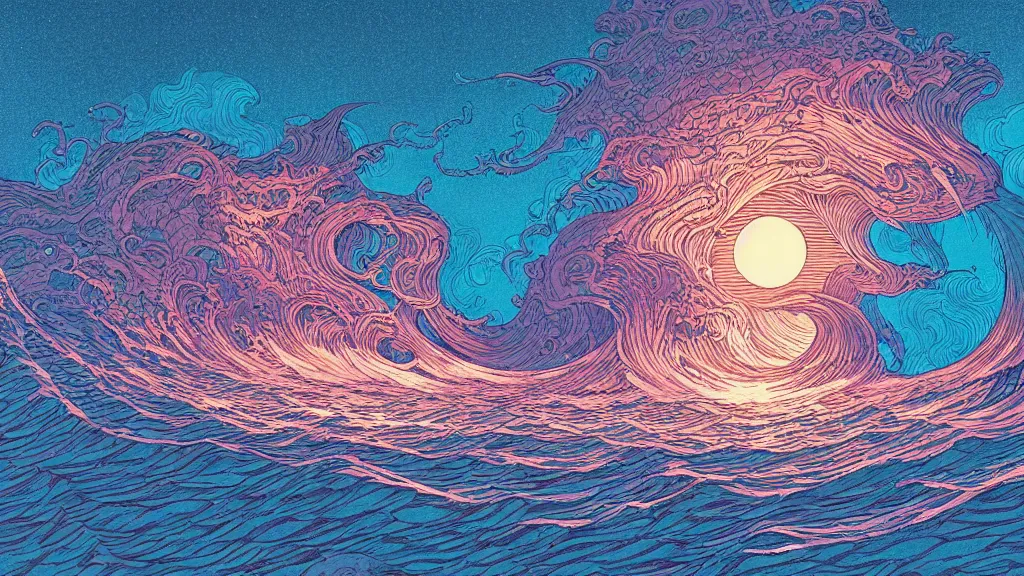 Image similar to highly detailed and colorful illustration of high exposure ocean waves at night by makoto shinkai, by moebius, by aaron horkey, by nico delort, by dan mumford, by otomo, kodachrome, 4 k resolution