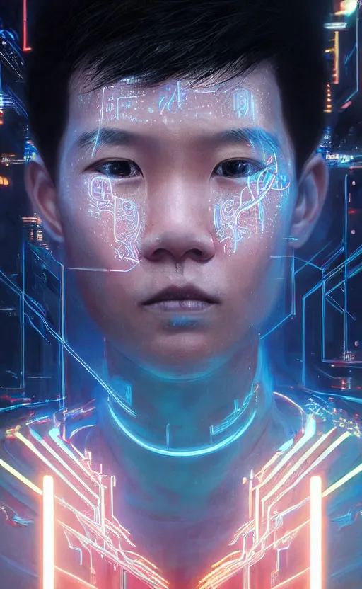 Image similar to an intricate, detailed face of a asian boy, skin made of electronic glowing circuits with laserbeams transporting energy, ferrofluids in background, unreal engine, trending on artstation, bladerunner 2049, by John Berkey