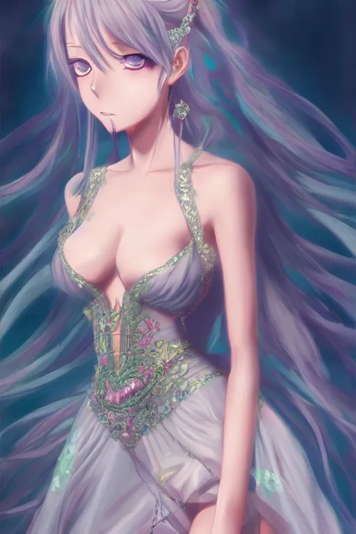 Image similar to Anime sad princess in full figure wearing an exotic evening gown and jade necklace, evening, detailed painting, WLOP, Artstation