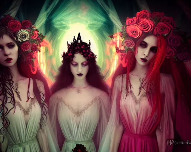 Image similar to three stunning gothic goddesses with beautiful angelic faces, wearing psychedelic wicca, in wedding dresses, red neon roses, full body, long flowy hair, dark and mysterious, atmospheric, ominous, eerie, volumetric cinematic light, epic, 8 k 3 d, ultra detail, ultra realistic, by wlop, by mucha