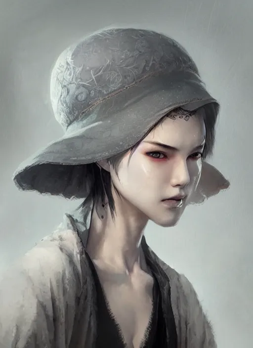 Image similar to girl with short white hair, tattered grey cloak, asian rice hat, beautiful highly detailed face, beautiful painting by artgerm and greg rutkowski and raymond swanland