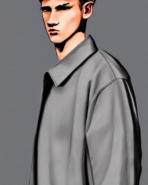 Prompt: sketch drawing of a male model wearing a baggy menswear moto jacket by issey miyake, 4 k, astonishing detail, studio lighting, wide angle lens