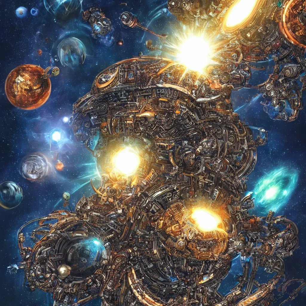 Prompt: mechanical alien god attacking planets in space, art by mark cooper, 8 k, hyper detailed, hdr, intricate, masterpiece