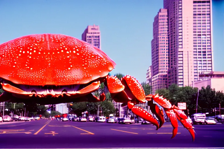 Image similar to 2 0 1 5 cute giant crab terrorizing a city, googie city, americana, fishcore, exterior photography, hd 8 k, photography cinestill