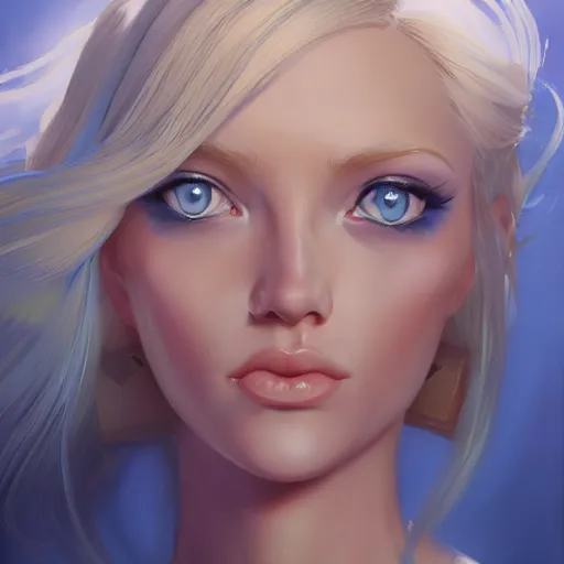 Prompt: portrait of beautiful girl with blond hair and blue eyes, League of Legend illustration by Sam Youn:1, profile picture by Gil Elvgren:2, Krenz Cushart:2, asymmetrical, Organic Painting, Ambient Occlusion:3, Matte Painting, bold shapes, hard edges, street art, trending on artstation, realistic:2 by Sachin Teng:5