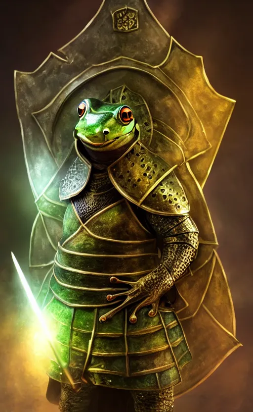 Image similar to a frog, dressed as a knight, holding a large shield, battle armor, atmospheric lighting painted intricate volumetric lighting, beautiful, sharp focus, ultra detailed, sharp, mindblowing, 4 k uhd, 8 k