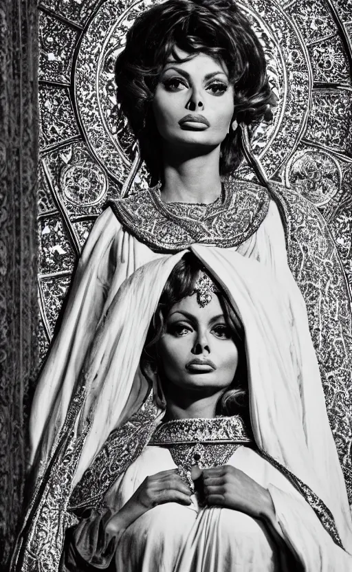 Prompt: a picture of sofia loren standing up in hagha santa sofia in the style of ( ( ( a byzantine icon ) ) ). black and white, award winning photography, 5 0 mm, studio lighting, highly intricate