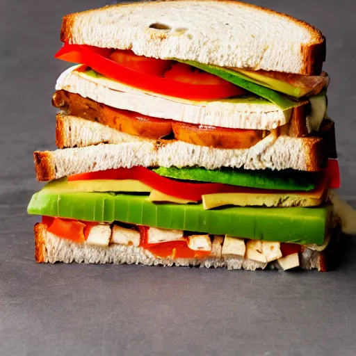 Image similar to sandwich with tofu, tomato, onion, avocado and cheddar, studio photo, amazing light