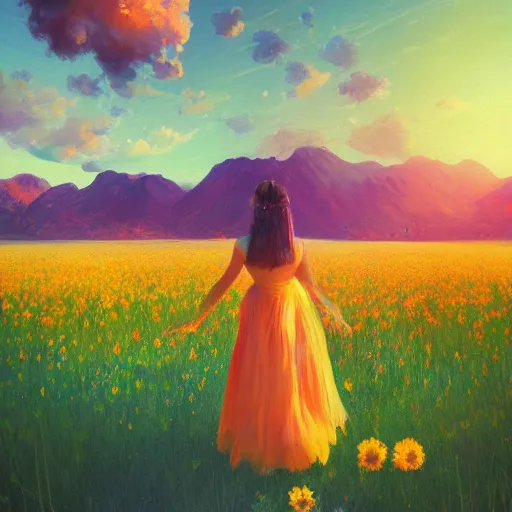 Image similar to girl with a flower face, surreal photography, bizzare, dreamlike, otherworldly, standing in flower field, in a valley, sunrise dramatic light, impressionistic painting, colorful clouds, artstation, simon stalenhag