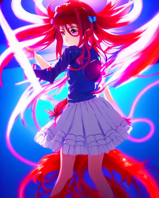 Image similar to anime style, vivid, expressive, full body, 4 k, painting, a cute magical girl idol with a long wavy hair wearing a dress fighting monsters, blue and red, balance, correct proportions, stunning, realistic light and shadow effects, neon lights, studio ghibly makoto shinkai yuji yamaguchi