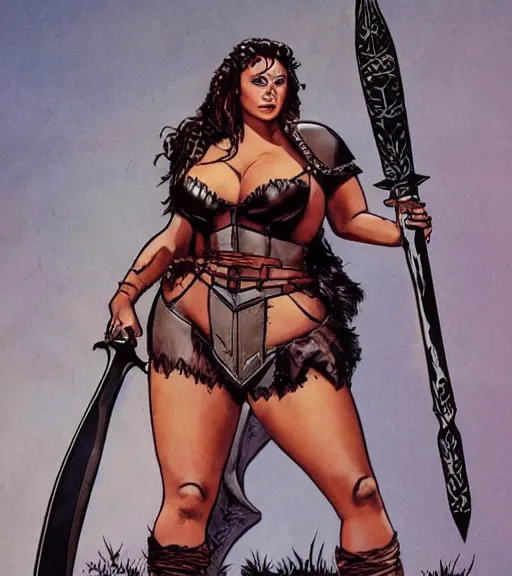 Image similar to 1 9 8 0 s fantasy novel book cover, bbw plus size amazonian angelina jolie in extremely tight bikini armor wielding a cartoonishly large sword, exaggerated body features, dark and smoky background, low quality print