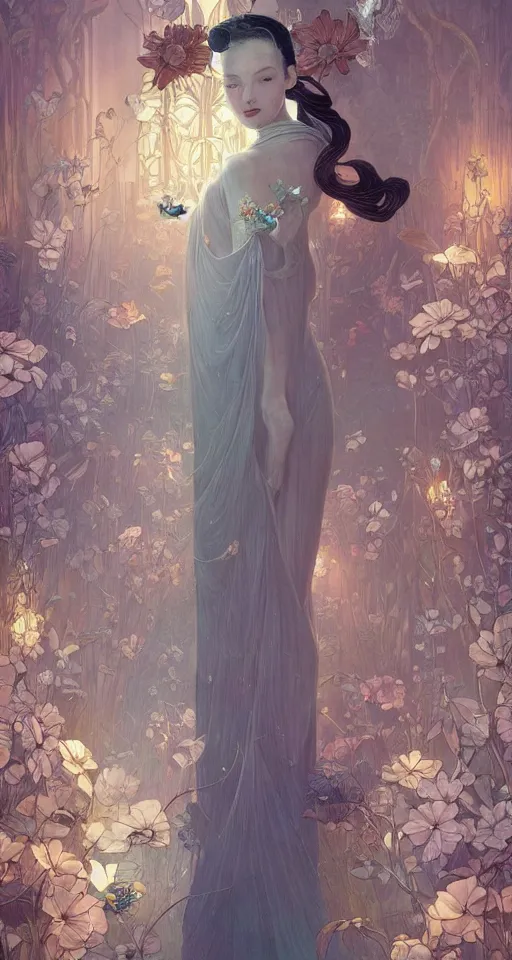 Image similar to a princess in the flower room, the light beam shines through the window, elegant, smooth, sharp focus, award - winning, masterpiece, style of tom bagshaw, cedric peyravernay, peter mohrbacher, louis comfort tiffany, victo ngai, james jean, pinterest, 4 k hd hyperdetailed illustrative wallpaper, chinese style