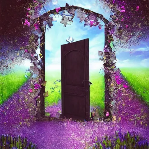 Prompt: a doorway floating in mid air at a field of flowers. puzzle pieces rain from the sky, gothic art, featured in artstation.