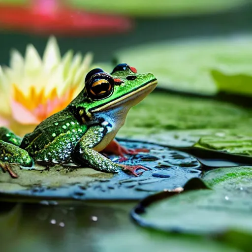Prompt: fantasy art, close - up of a crowned prince frog in a small crown!!! crown crown crown in the pond with water lilies, shallow depth of field, highly detailed, autumn, rain, masterpiece, matte painting, sharp focus, matte painting, by isaac levitan, by monet, asher brown durand,