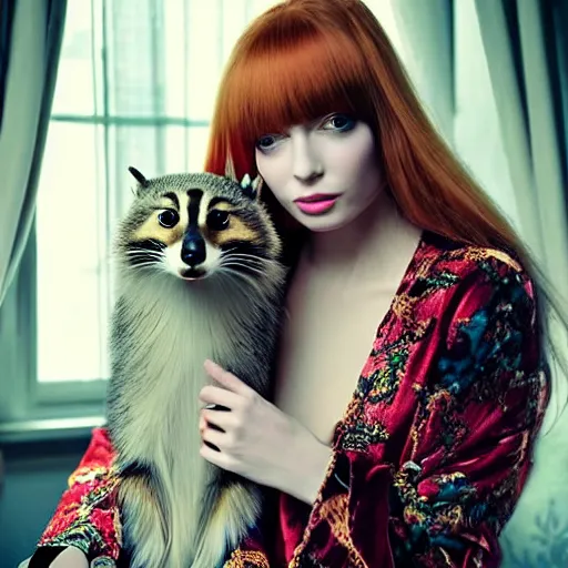 Image similar to a stunning hyper-detailed photo of a slender beautiful woman with straight long ginger hair and bangs, wearing a luxurious silk robe, wearing headphones and posing with her large ginger tabby cat and raccoon and parrots in a red overstuffed easy chair in her Victorian living room, holding a porcelain parrot-shaped coffee mug and a donut, perfect eyes, fashion photography, dramatic cinematic lighting, octane render, IBEX Masters, unreal engine, 85 mm lens, paisley wallpaper