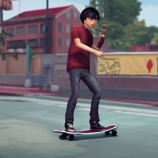 Image similar to Alex Chen from Life is Strange True Colors riding a skateboard