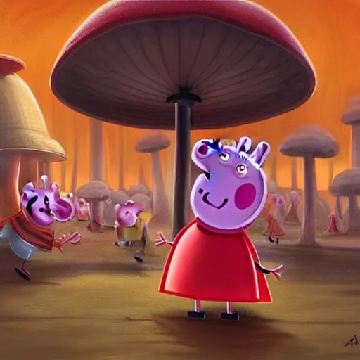 Image similar to Peppa Pig plays in front on a large nuclear mushroom and is totally oblivious to the fact that the city is in flames and everyone die. Elegant, intricate, digital painting, artstation, concept art, smooth, sharp focus, illustration, art by artgerm and greg rutkowski and alphonse mucha