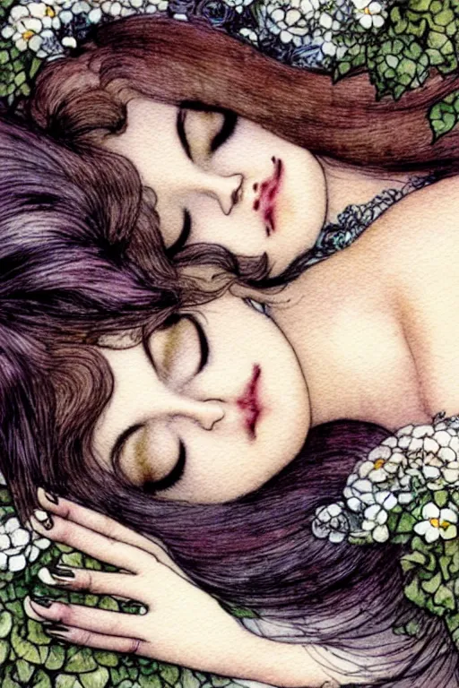 Image similar to closeup face shot of sleeping woman with long hair on a bed surrounded by ivy and flowers, fantasy art, trending on artstation, sleeping beauty fairytale, art by luis royo and walter crane and kay nielsen, watercolor illustration,