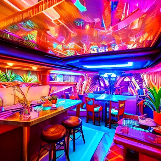 Image similar to architectural digest photo, inside a crowded futuristic neon tiki bar inside a yacht, tropical plants, blue lighting with small pastel orange and pink accent lights, crowd of cool people dancing