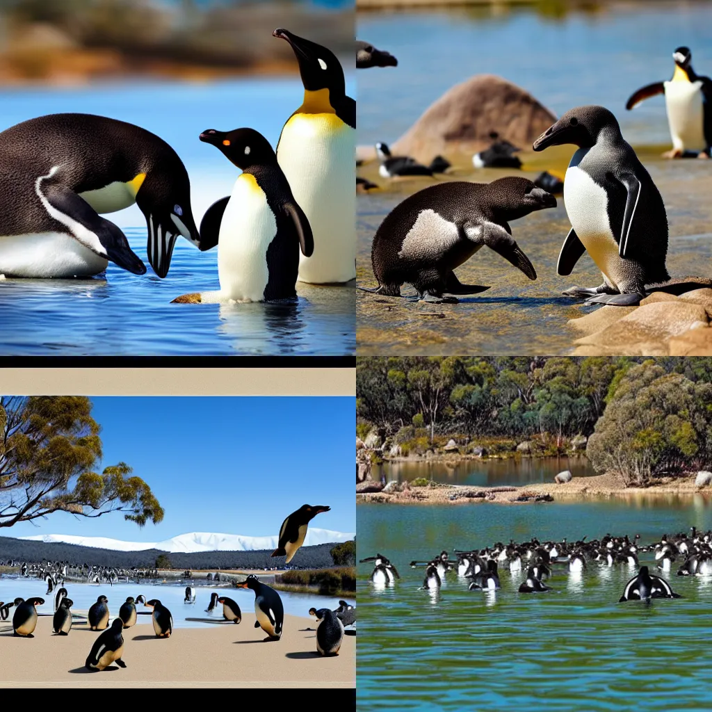 Prompt: canberra australia invaded by penguins and platypus, photorealistic