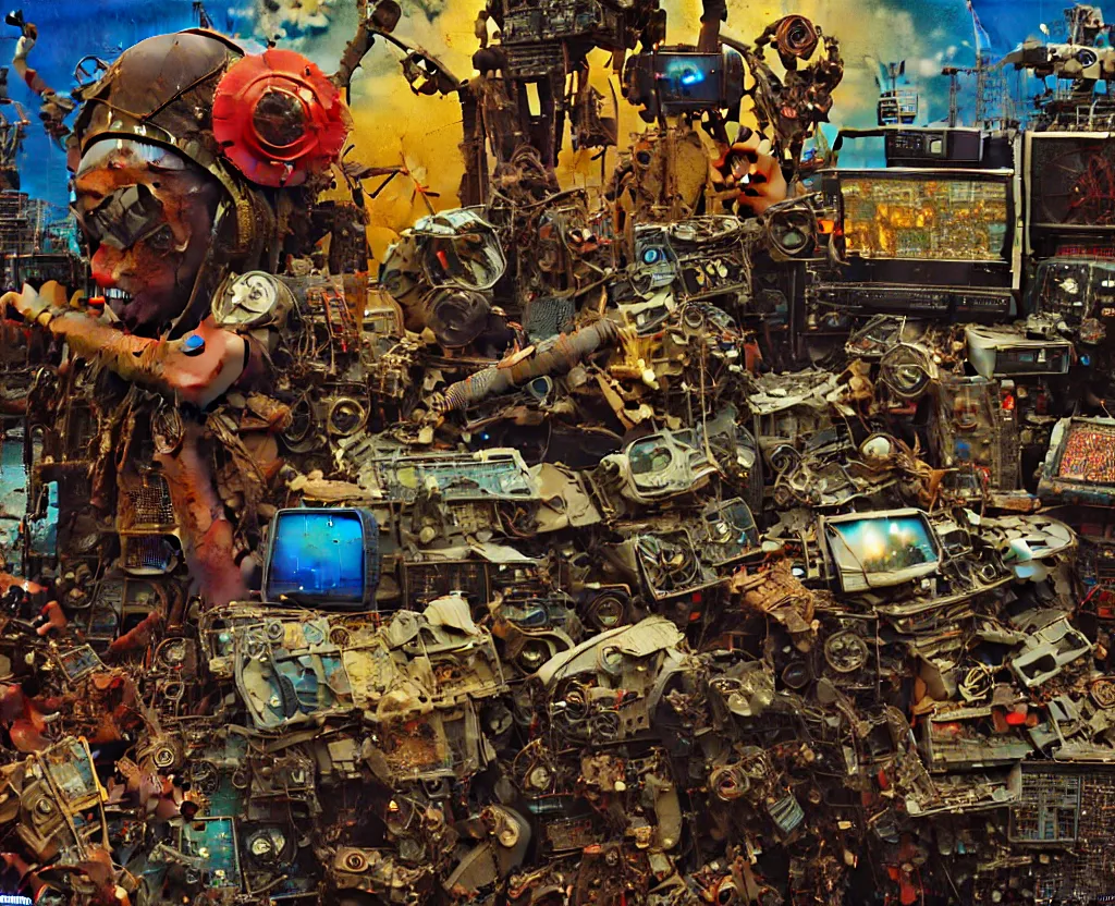 Prompt: junky with computers, cybertronic gadgets and vr helmet, durty colours, rotten textures, rusty shapes, biotechnology, norman rockwell, tim hildebrandt, dariusz zawadzki, bruce pennington, larry elmore, intricate complicity, hyperrealistic oil painting on canvas, deep depth field, masterpiece, cinematic composition, hyper - detailed