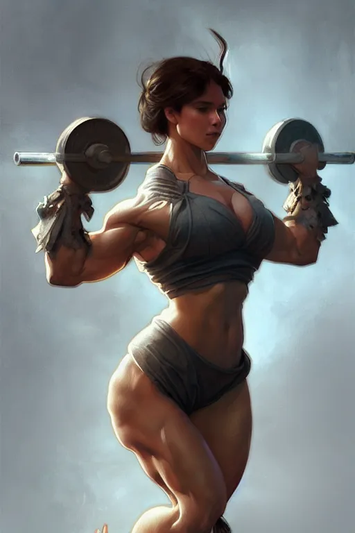 Image similar to anthro pig lifting weights, dim dingy gym, dynamic pose, fantasy, intricate, elegant, highly detailed, digital painting, artstation, concept art, matte, sharp focus, illustration, art by artgerm and greg rutkowski and alphonse mucha