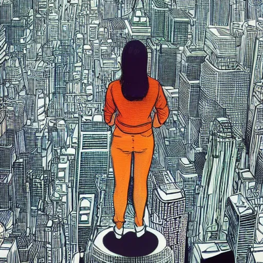 Prompt: “ a girl standing on a ledge looking down at a futuristic new york city below, bright city lights, storm clouds, rain, dramatic lighting, by james jean ”