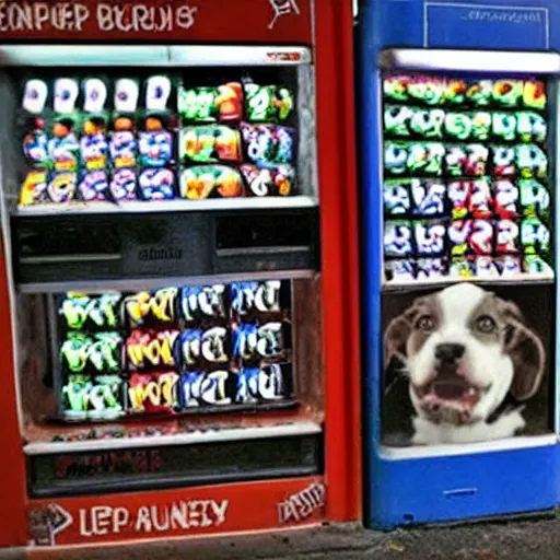 Image similar to in a dark alley at night a vending machine sells puppies only visible by the light from the vending machine.