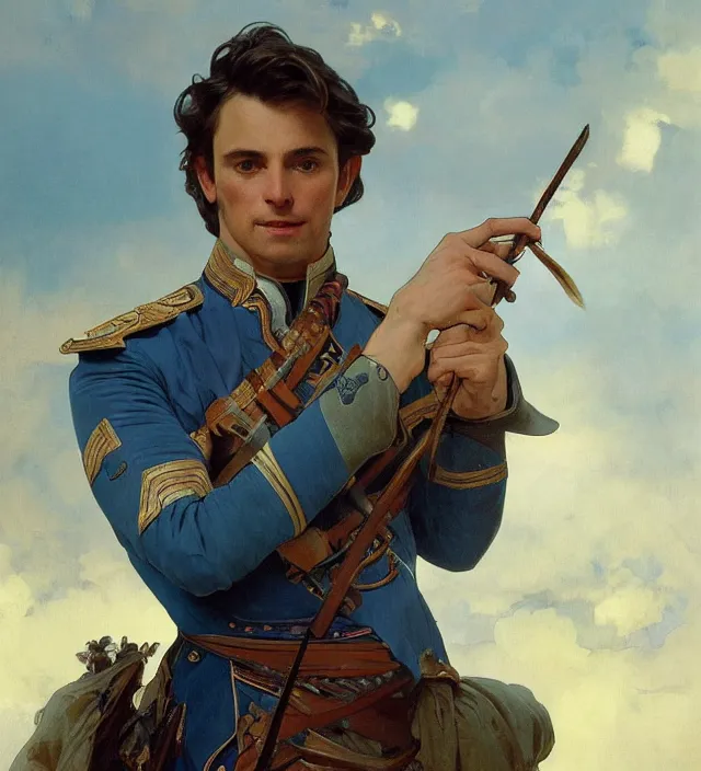 Prompt: candid portrait of a man with brown wavy hair and glowing bright blue eyes, surrounded by blue energy, powering up, wearing a blue traditional colonial military jacket, intricate, holding a spear, highly detailed, digital painting, artstation, concept art, sharp focus, cinematic lighting, illustration, art by artgerm and greg rutkowski, alphonse mucha, cgsociety
