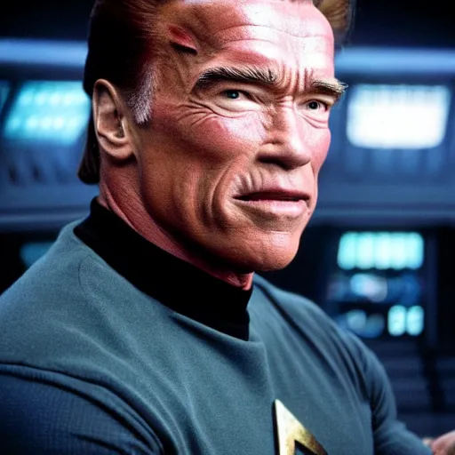 Image similar to Arnold Schwarzenegger is the captain of the starship Enterprise in the new Star Trek movie