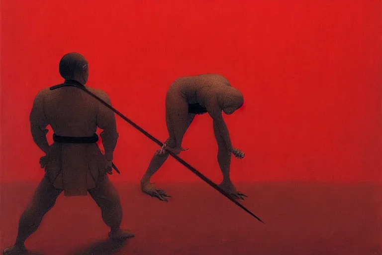 Image similar to only with red, a red samurai do seppuku, tokio, a lot of frogs watch, in the style of beksinski, parts by edward hopper, parts by rodcenko, parts by yue minjun, intricate and epic composition, red by caravaggio, insanely quality, highly detailed, masterpiece, red light, artstation, 4 k