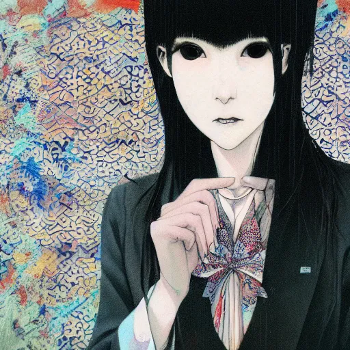 Image similar to yoshitaka amano blurred and dreamy realistic portrait of a woman with black eyes and white hair wearing dress suit with tie, junji ito abstract patterns in the background, satoshi kon anime, noisy film grain effect, highly detailed, renaissance oil painting, weird portrait angle, blurred lost edges, three quarter view