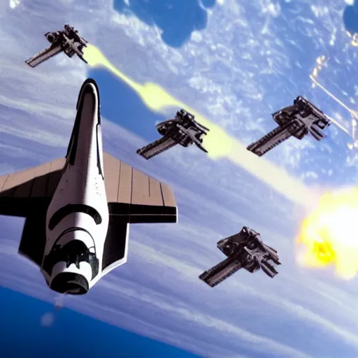 Prompt: Space Shuttle Challenger explosion, attacked by TIE fighters, cinematic, UHD, vivid colors