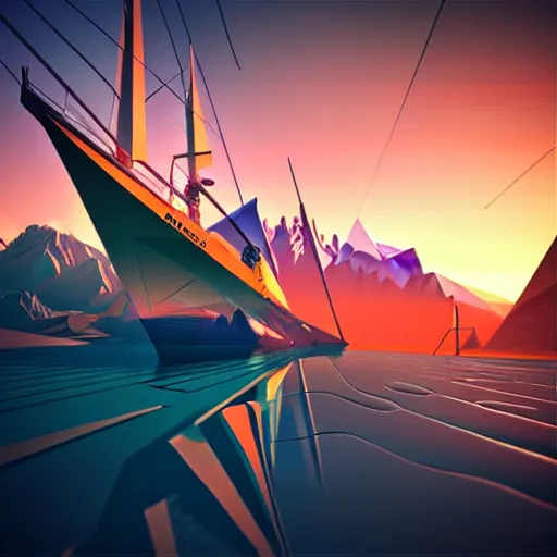 Image similar to super detailed color art, big graphic seiner ship on sunset view with polygonal mountains, unreal engine, high contrast color palette, 3 d render, lowpoly, colorful, digital art, perspective, full volume composition, syd mead