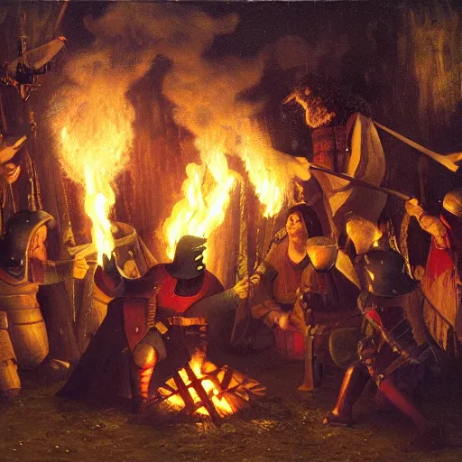 Prompt: a painting of medieval knights toasting marshmallows and making s'mores around the campfire in the style of howard pyle. volumetric lighting. 8 k resolution. best detail. trending on artstation trending on deviantart