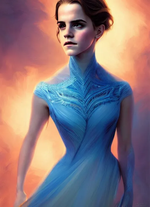 Image similar to portrait of emma watson, fractal blue dress, digital art by artgerm and karol bak, cinematic lighting, trending on artstation, intricate, elegant