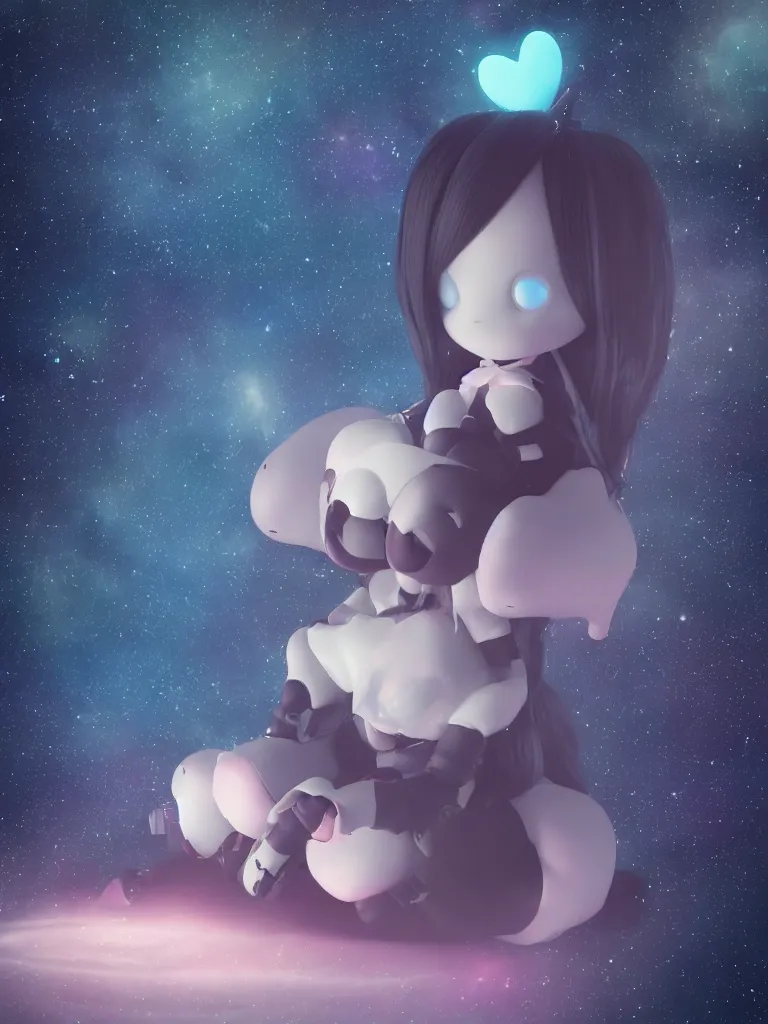 Image similar to cute fumo plush gothic maiden alien girl sitting on a small island floating in the dark galactic abyss, heart eyes, vignette, vray