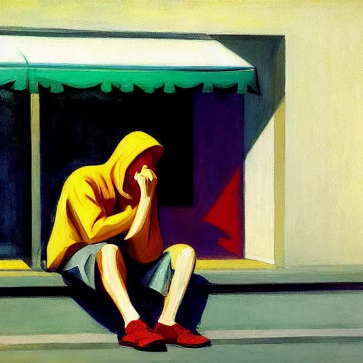 Prompt: painting of a homeless person. by edward hopper and james gilleard