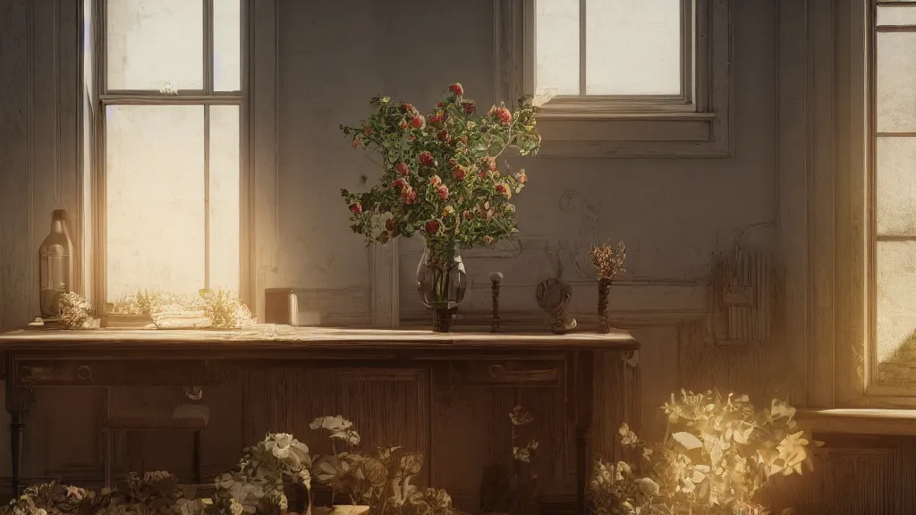 Image similar to an old wooden desk with a flower vase, in a richly decorated Victorian house. the autumn light comes in through a window and dimly illuminates the room, diffuse light, octane render