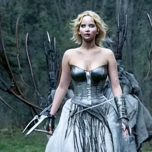 Prompt: still of Jennifer Lawrence as Eliza Scissorhands in a 2029 remake of Edward Scissorhands