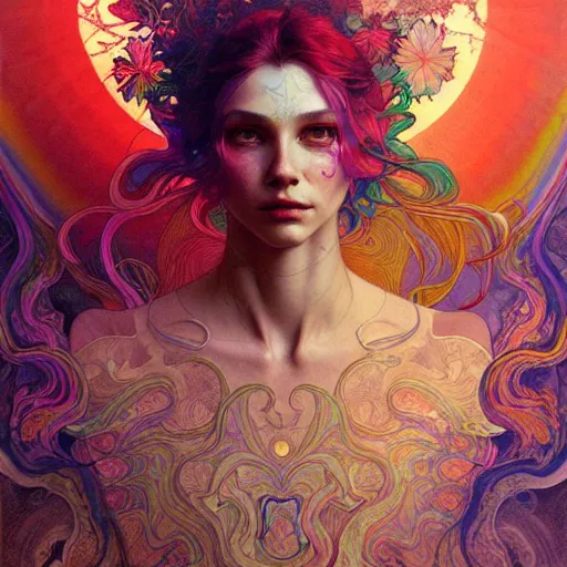 Image similar to An extremely colorful psychedelic experience, reality bending, magic mushrooms, psilocybin, LSD, face, detailed, intricate, elegant, highly detailed, digital painting, artstation, concept art, smooth, sharp focus, illustration, art by Krenz Cushart and Artem Demura and alphonse mucha