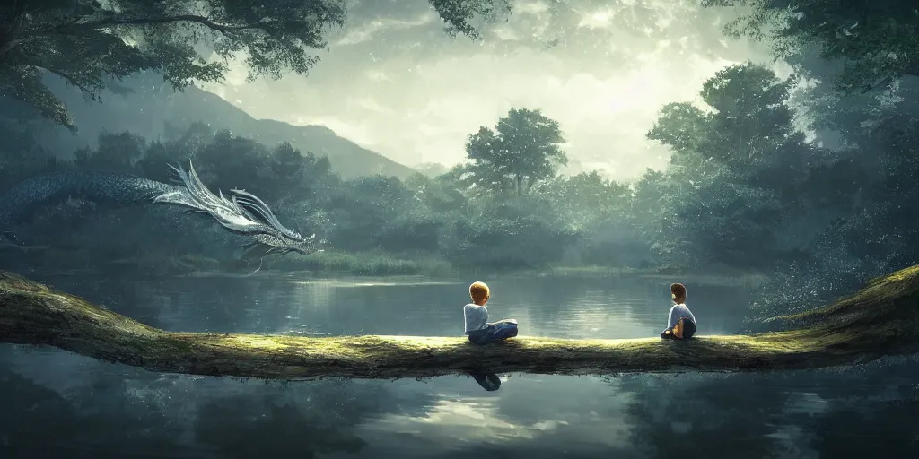 Image similar to a big silver dragon and a boy sitting next to lake in forest, many fireflys, at night, concept art, dof, cryengine, digital art, detailed background, makoto shinkai