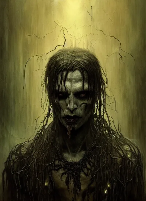 Image similar to portrait of a ancient bloodthirsty vampire man revenant with long tangles of black hair, eerie glowing eyes, gothic fog ambience, hyper realistic head, fantasy art, in the style of greg rutkowski, zdizslaw beksinski, intricate, alphonse mucha, hyper detailed, smooth