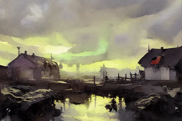 Image similar to small centered on watercolor paper, paint brush strokes, abstract watercolor painting of village in bog at nightfall, sharp daylight, cinematic light, american romanticism by hans dahl, by jesper ejsing, by anders zorn, by greg rutkowski, by greg manchess, by tyler edlin